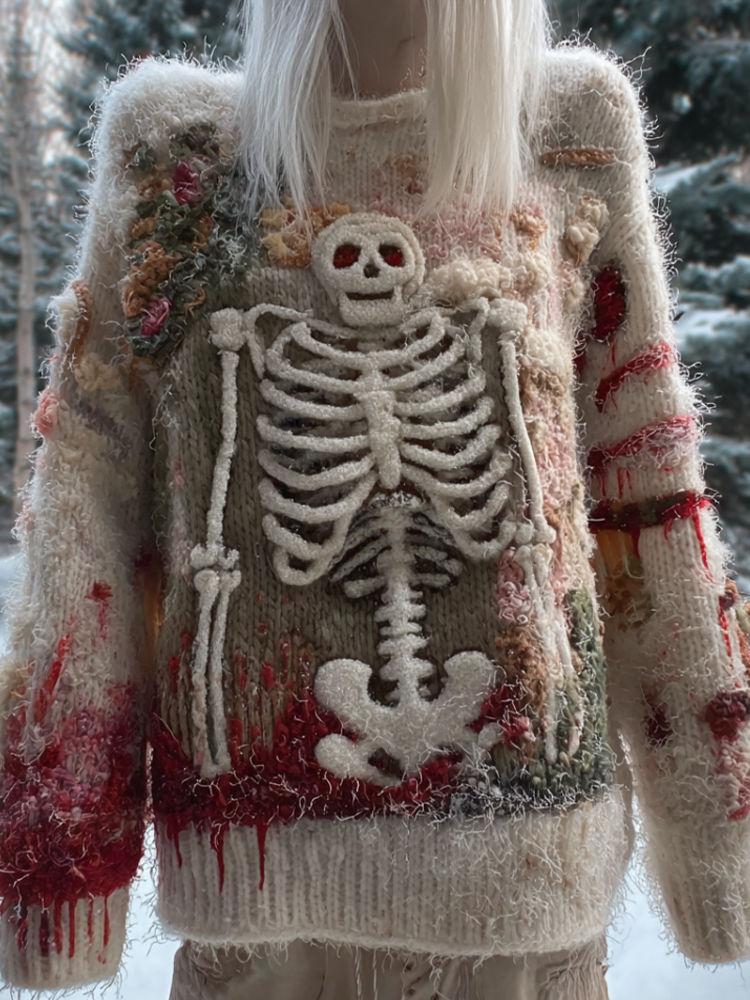 Lady's Halloween Gothic Style Skull Skeleton Pattern Knitted Sweater