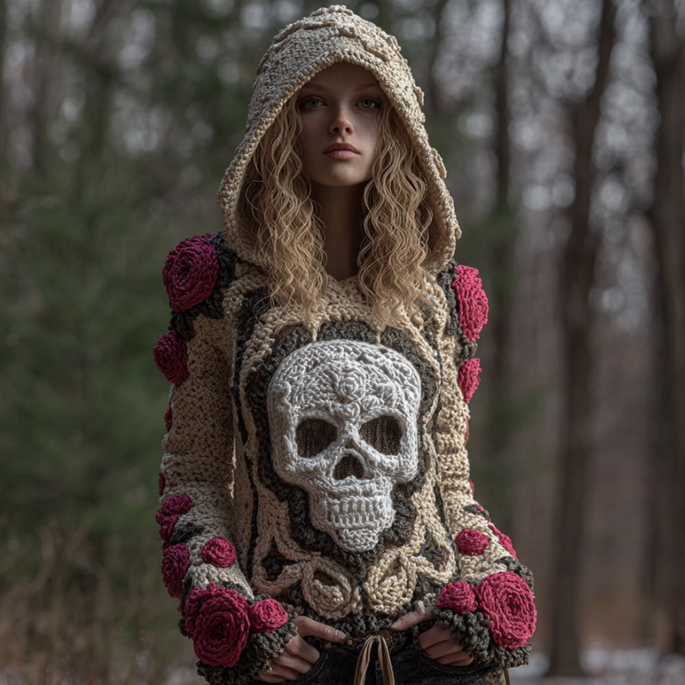 Women Halloween Pink Vintage Pink Fairy Rose Skull Complex Crochet Hooded Sweater