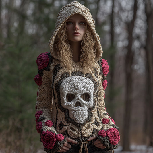 Women Halloween Pink Vintage Pink Fairy Rose Skull Complex Crochet Hooded Sweater