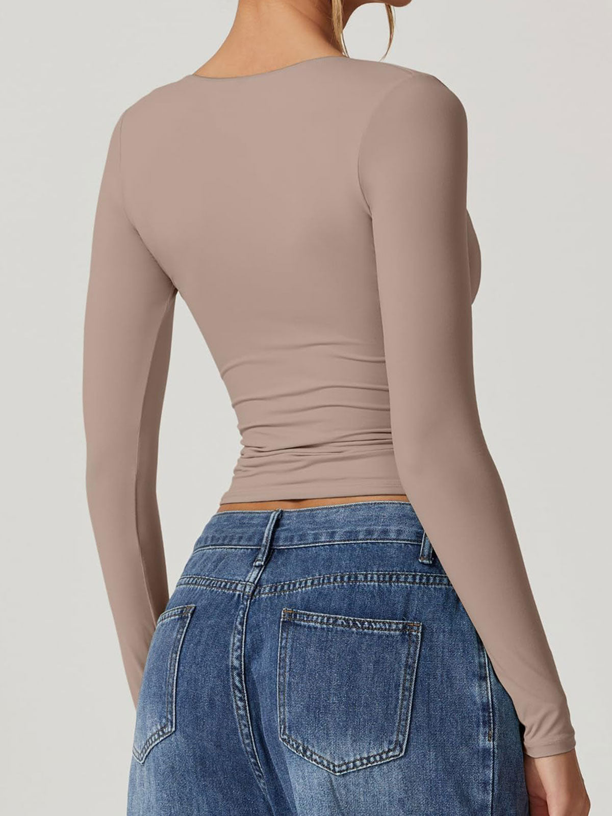 Long Sleeve V Neck T Shirts Double Lined Crop Top Seamed Cup Going Out Tops