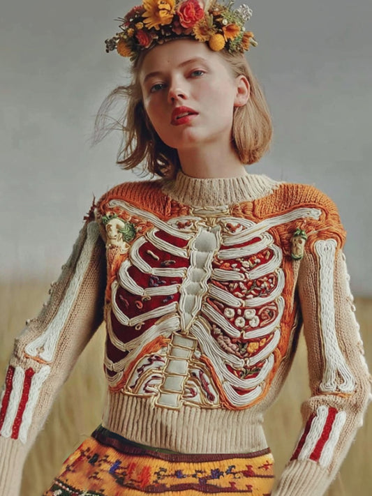Halloween Human Anatomy Embroidery Flower Knitted Sweater