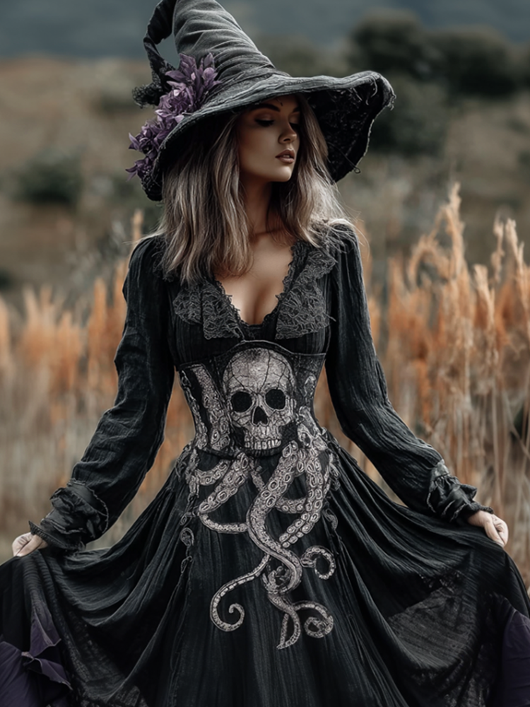Lady's Halloween Skeleton Octopus Retro Cotton And Linen V-neck Dress