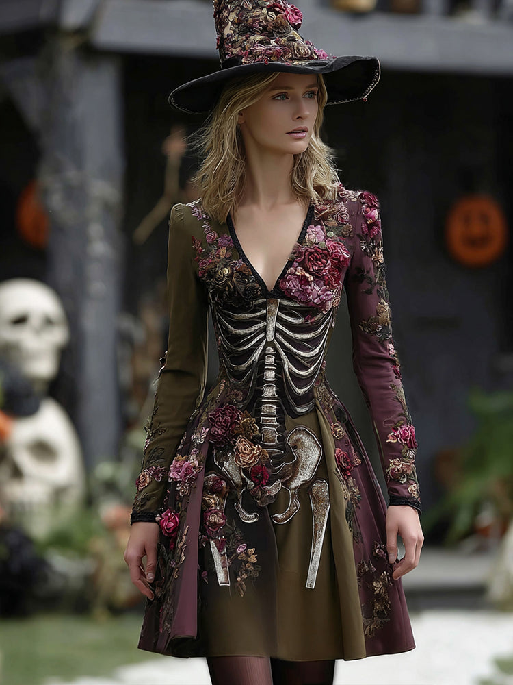 Women's Retro Skeleton Flower Pattern V-neck Midi Dress