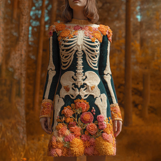 Women's Halloween Warm Tone Skull Rose Embroidered Dress