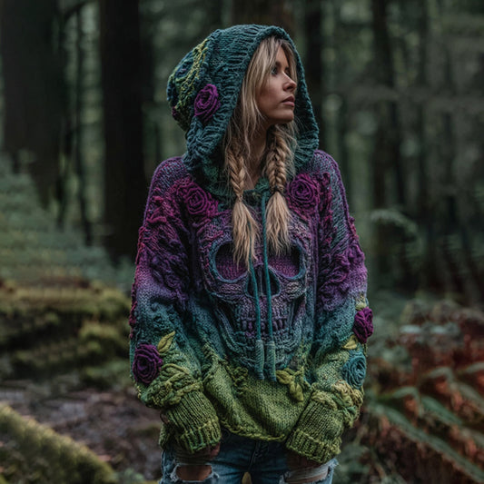 Women's Vintage Viking Skull And Rose Gradient Art Knit Hooded Sweater