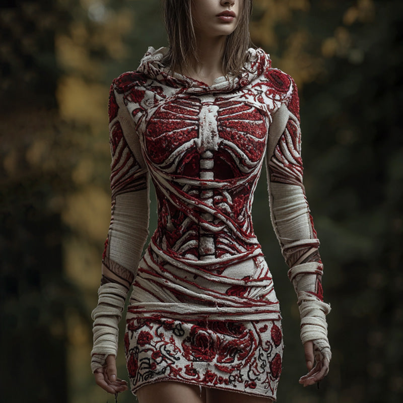 Halloween Skull Floral Knitted Warm Hooded Sweater