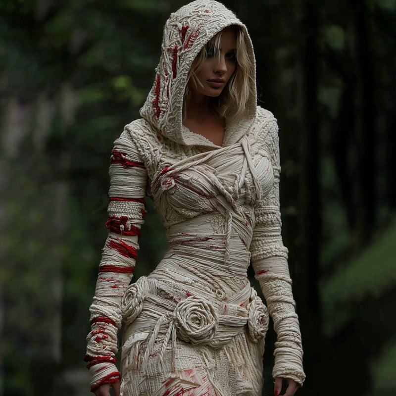 Women's Halloween Muscle Anatomy Bandage With Rose Art Cozy Knit Hooded Sweater Dress