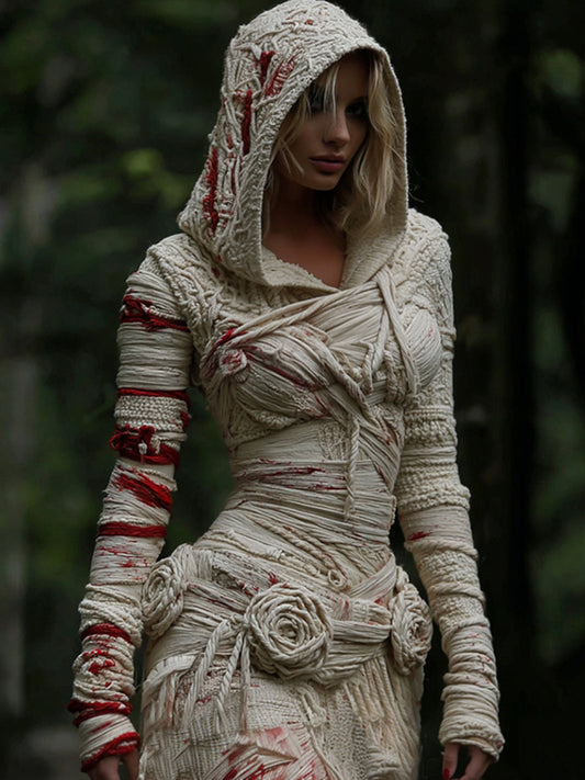 Women's Halloween Muscle Anatomy Bandage With Rose Art Cozy Knit Hooded Sweater Dress