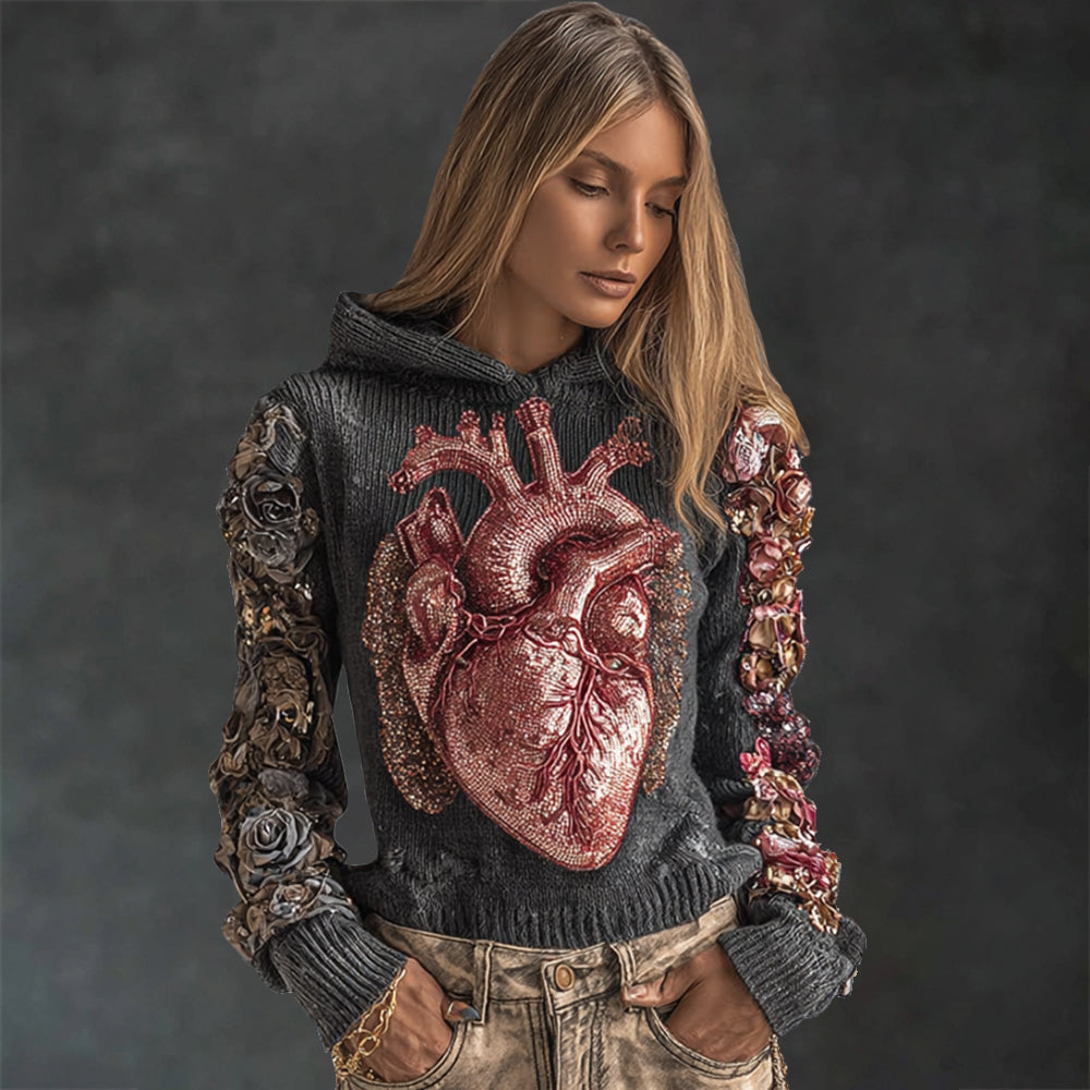 Women's Halloween Silver Pink Heart Embroidered Retro Hoodie Sweater