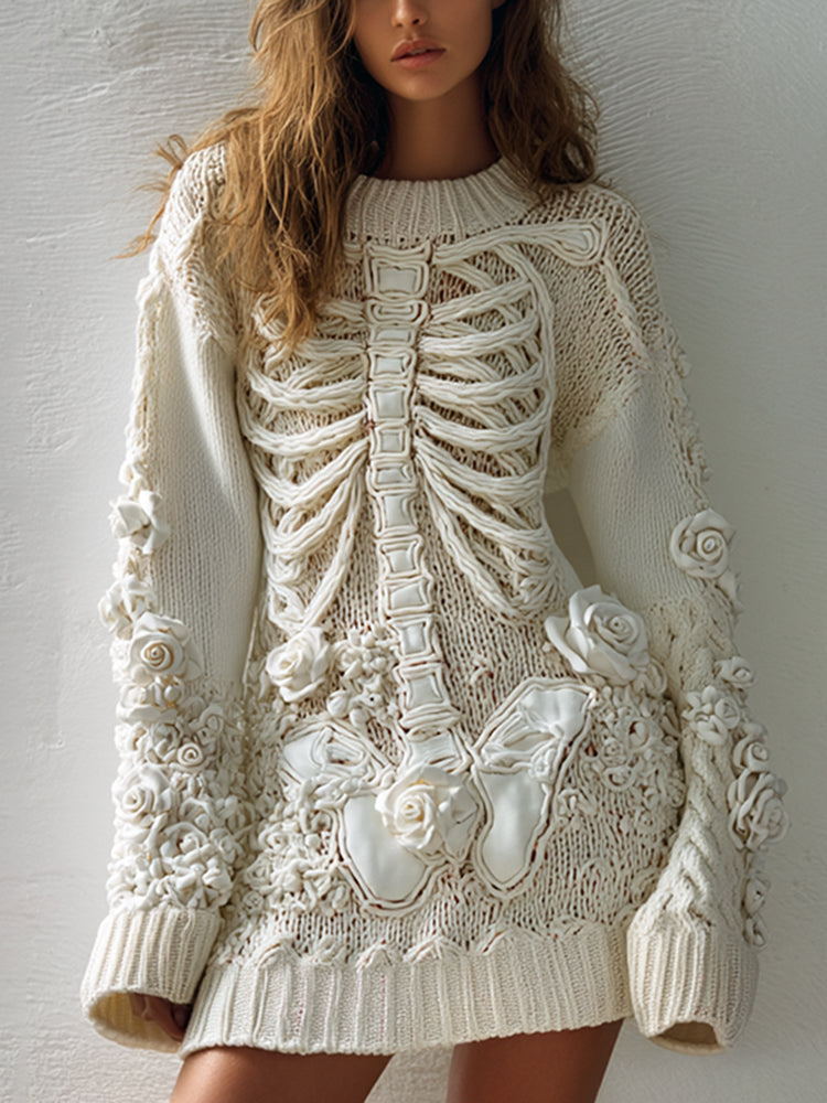 Women's Hot Sexy Style Halloween Skeleton Bones Leather With Rose Pattern Art Cozy Knit Mini Sweater Dress