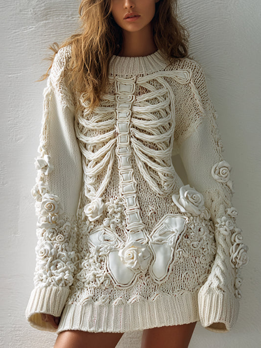 Women's Hot Sexy Style Halloween Skeleton Bones Leather With Rose Pattern Art Cozy Knit Mini Sweater Dress