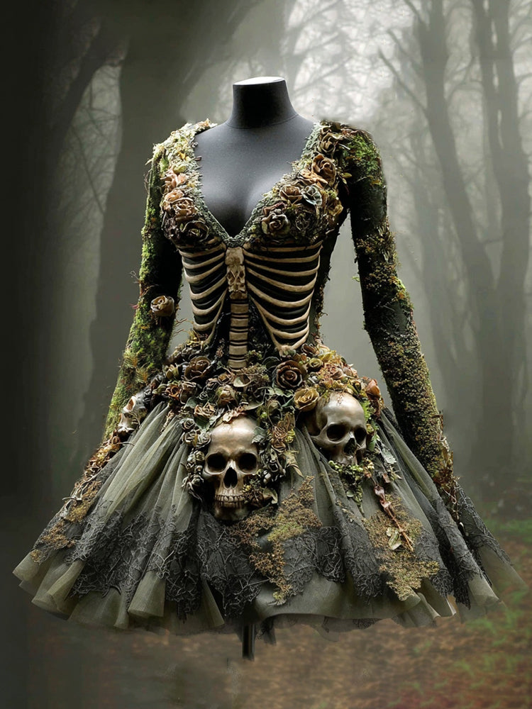 Women's Halloween Skull Flowers Moss Witch Midi Dress