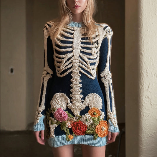 Halloween Skeleton & Floral Embroidery Women's Knit Sweater