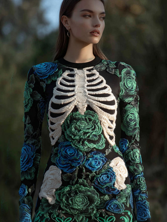 Women's Vintage Halloween Skeleton Bones With Rose Art Cozy Knit Mini Sweater Dress