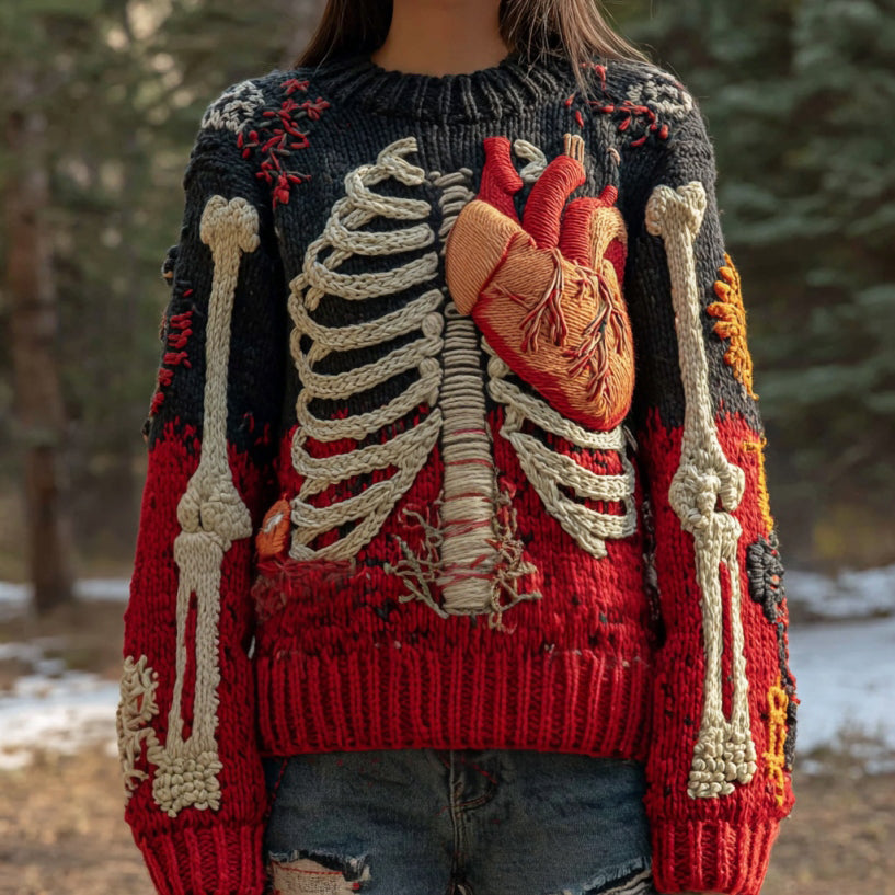 Vintage Halloween Anatomy And Red Heart Art Chunky Knitted Sweater