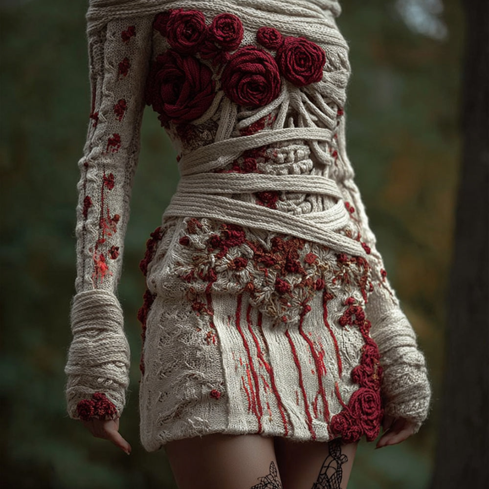 Women's Halloween Skeleton Rose Art Mini Round Neck Dress