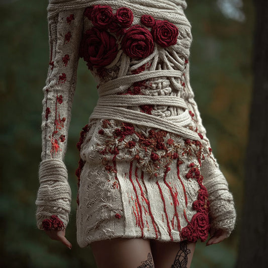 Women's Halloween Skeleton Rose Art Mini Round Neck Dress