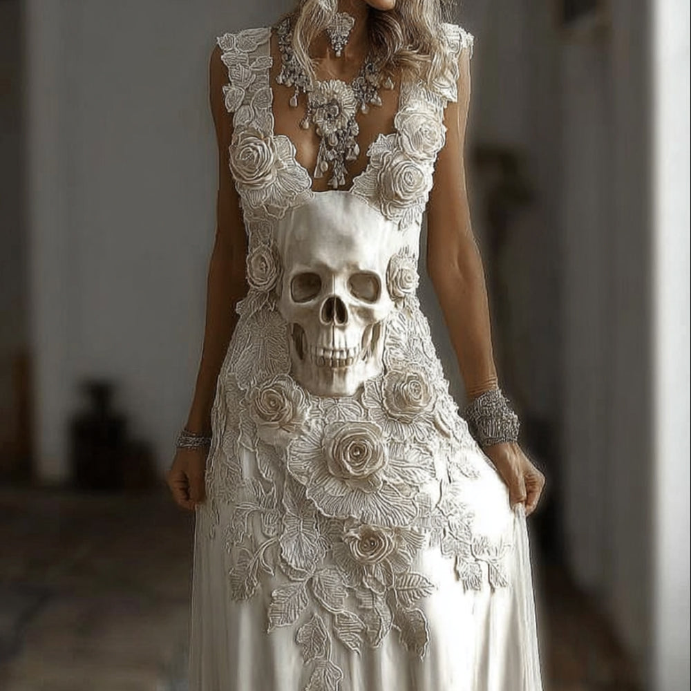 Women's Halloween Skeleton Flower Embroidered Lace Sleeveless Long Dress