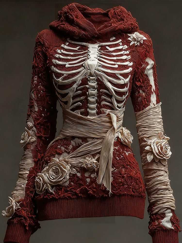 Halloween Bandage Skull Rose Art Slim Fit Knit Hooded Sweater