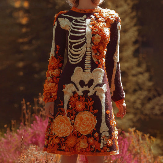 Women's Halloween Warm Tone Skull Rose Embroidered Dress