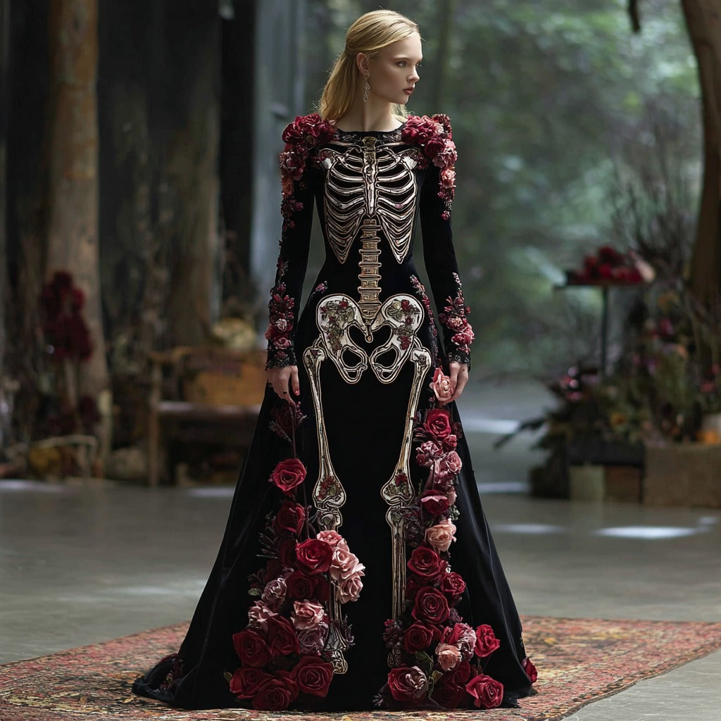 Women's Vintage Rose Skeleton Romantic Classic Velvet Maxi Dress