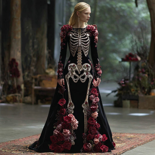 Women's Vintage Rose Skeleton Romantic Classic Velvet Maxi Dress