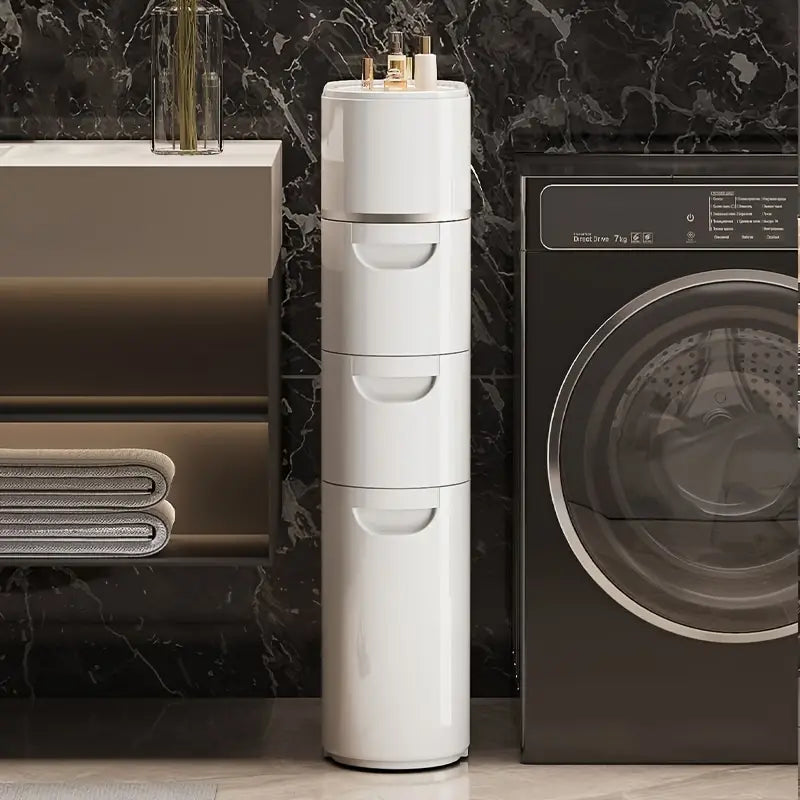 White storage cabinet with closed doors - multipurpose storage box with space-saving vertical design