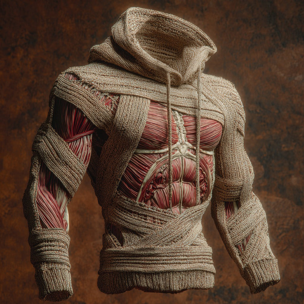 Halloween Bandage Muscle Mummy Art Slim-fit Knit Hooded Sweater