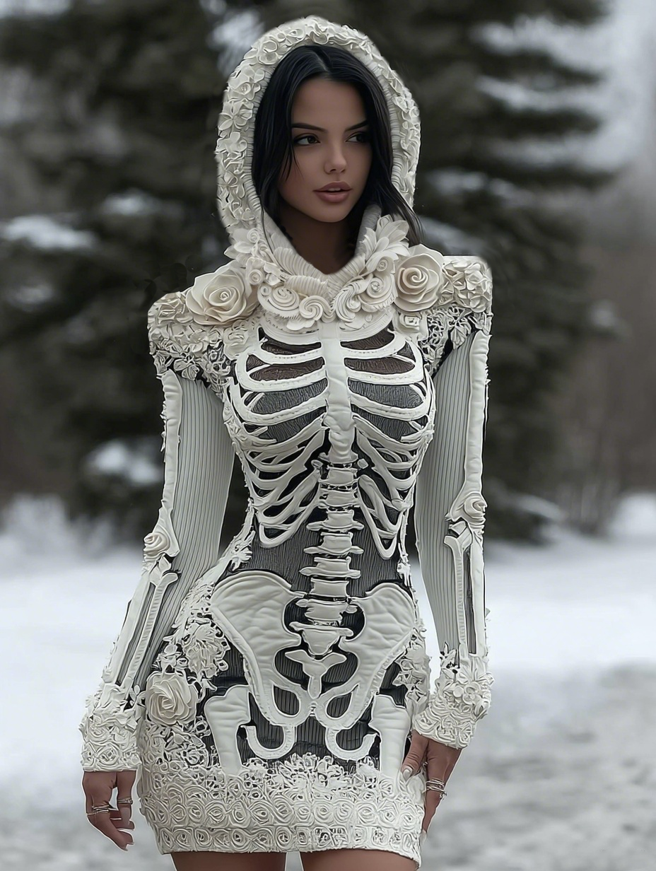 Women's Vintage Halloween Skeleton Bones With Rose Art Cozy Knit Hooded Sweater Dress