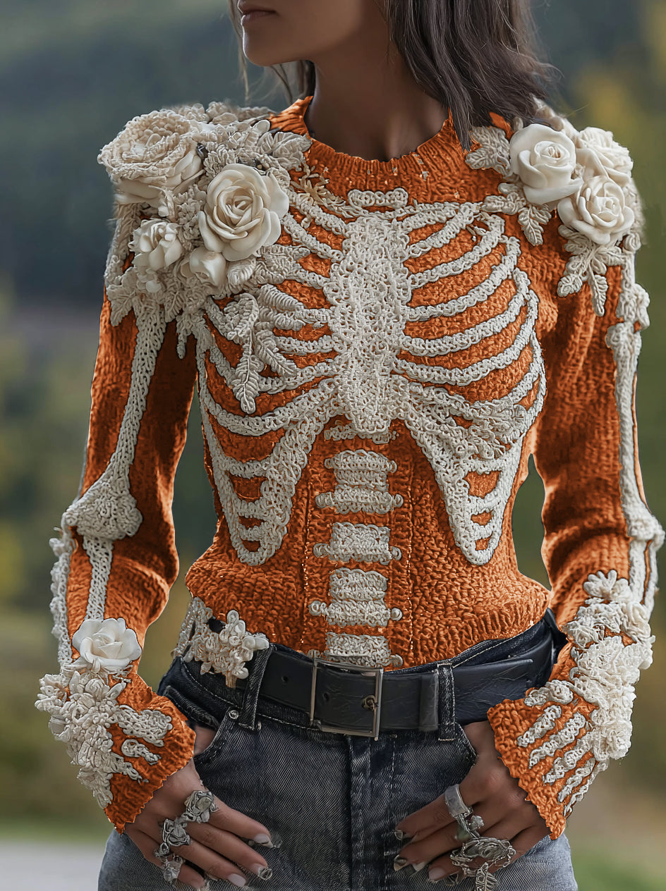 Women's Halloween Skeleton Bones With Roses Art Knitted Warm Sweater