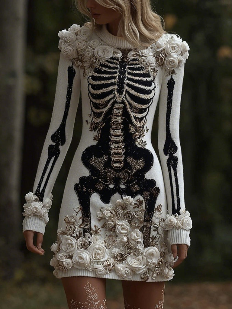 Classy Skull And Roses Art Cozy Knit Sweater Dress