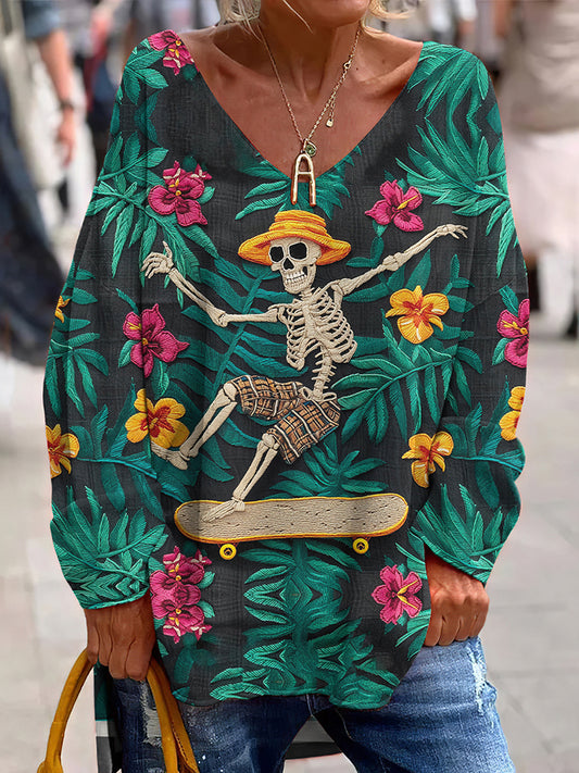 Mexican Day Of The Dead Inspired Pattern Art Printed V-Neck T-Shirt