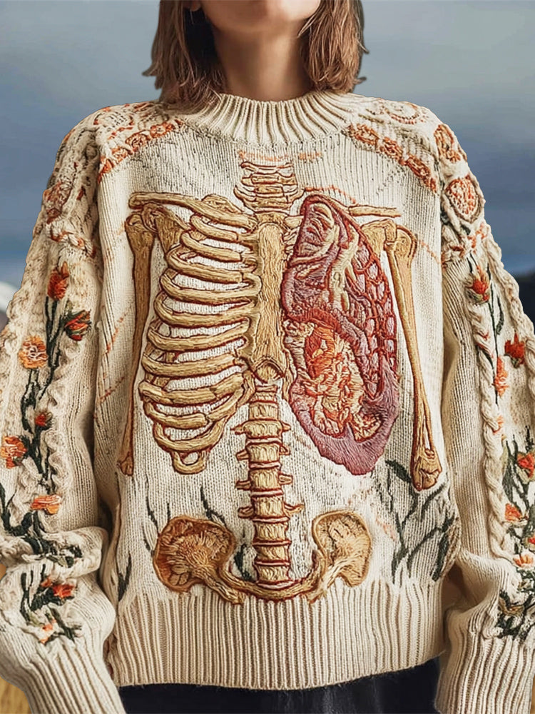 Vintage Anatomical Floral Embroidery Women's Knit Crew Neck Sweater