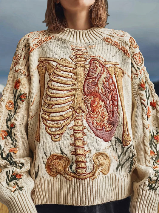 Vintage Anatomical Floral Embroidery Women's Knit Crew Neck Sweater