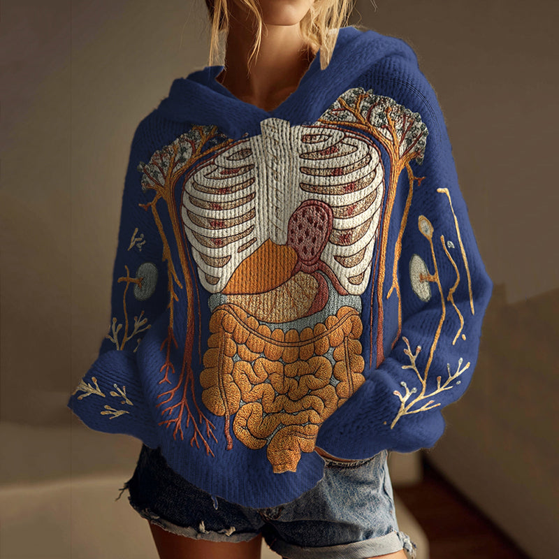 Vintage Halloween Anatomy Art Chunky Knitted Hooded Sweater
