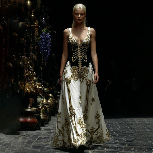 Women's Halloween Skeleton Gothic Style V Neck Maxi Dress