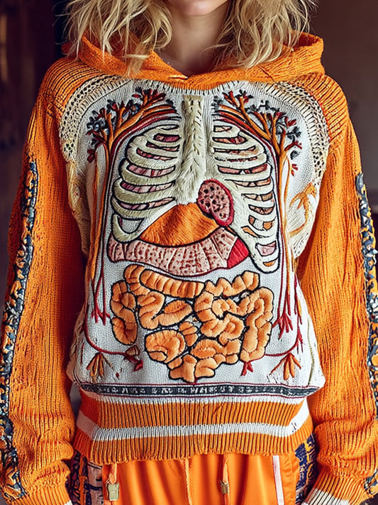 Vintage Halloween Anatomy Art Chunky Knitted Hooded Sweater