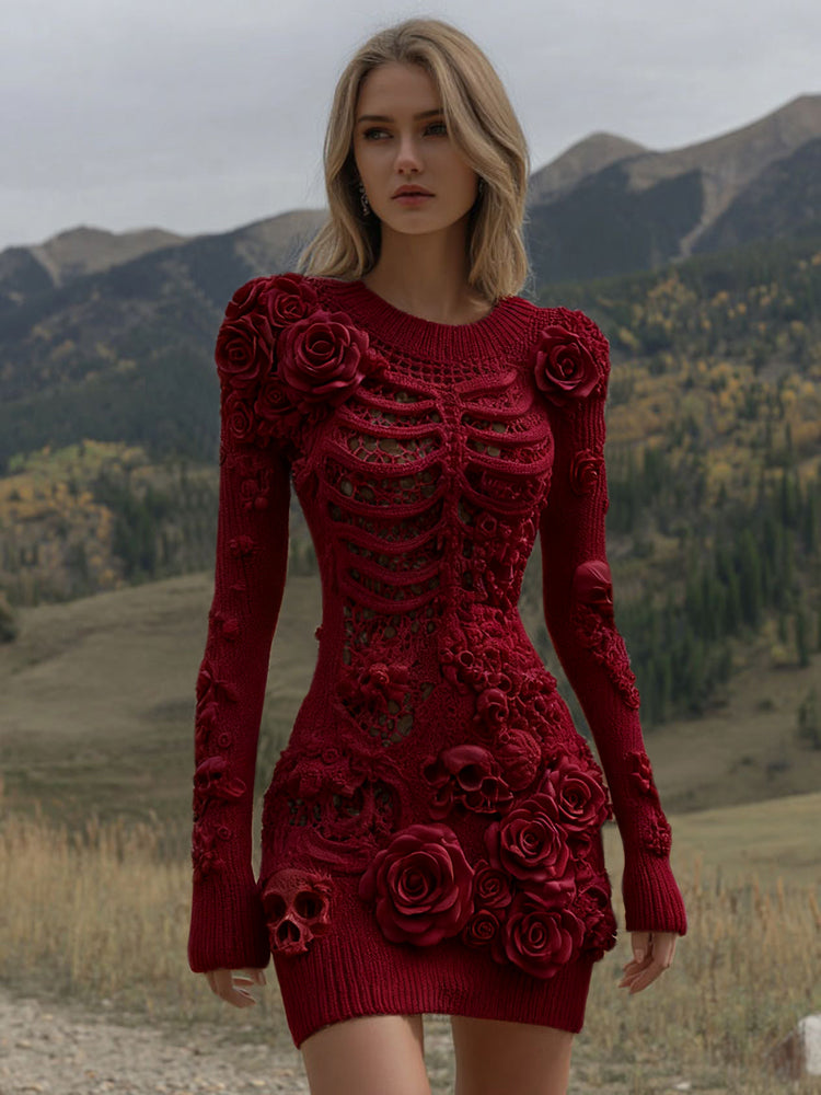Women's Vintage Halloween Skeleton Skull With Rose Art Cozy Sweater Dress