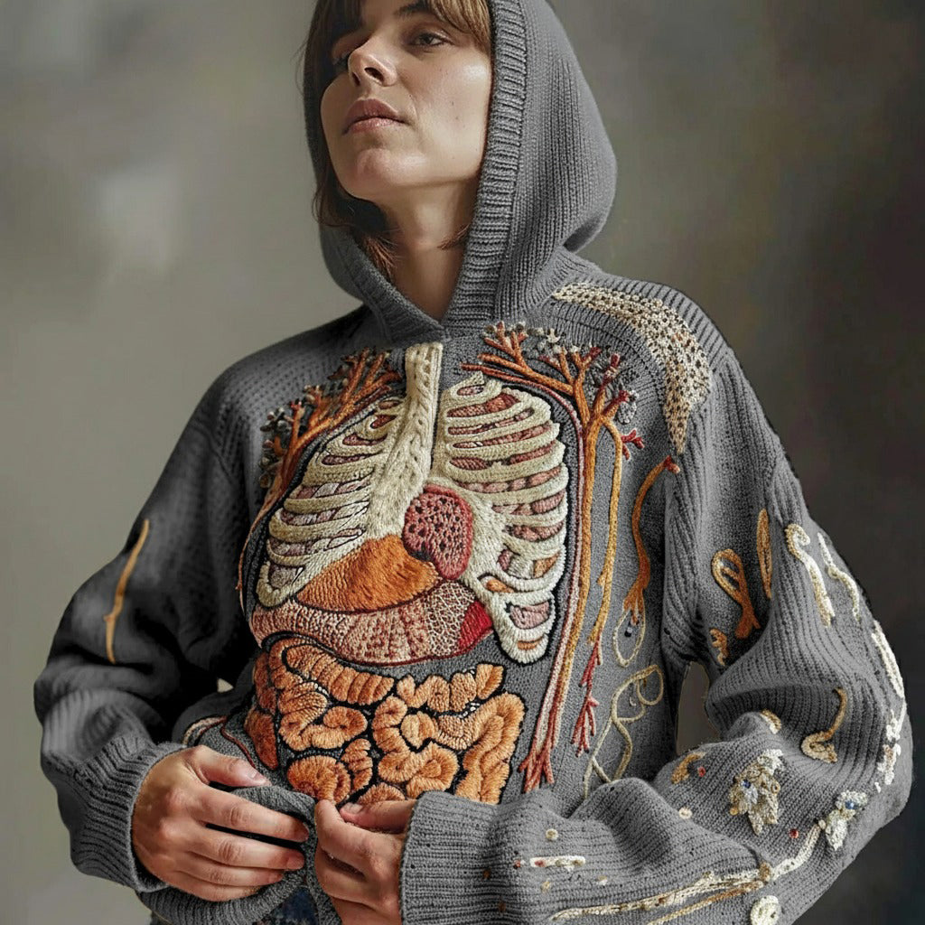 Vintage Halloween Anatomy Art Chunky Knitted Hooded Sweater
