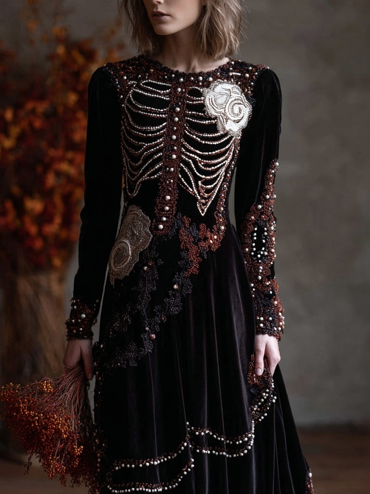Vintage Glitter Beads Skeleton Floral Cozy Velvet Maxi Dress