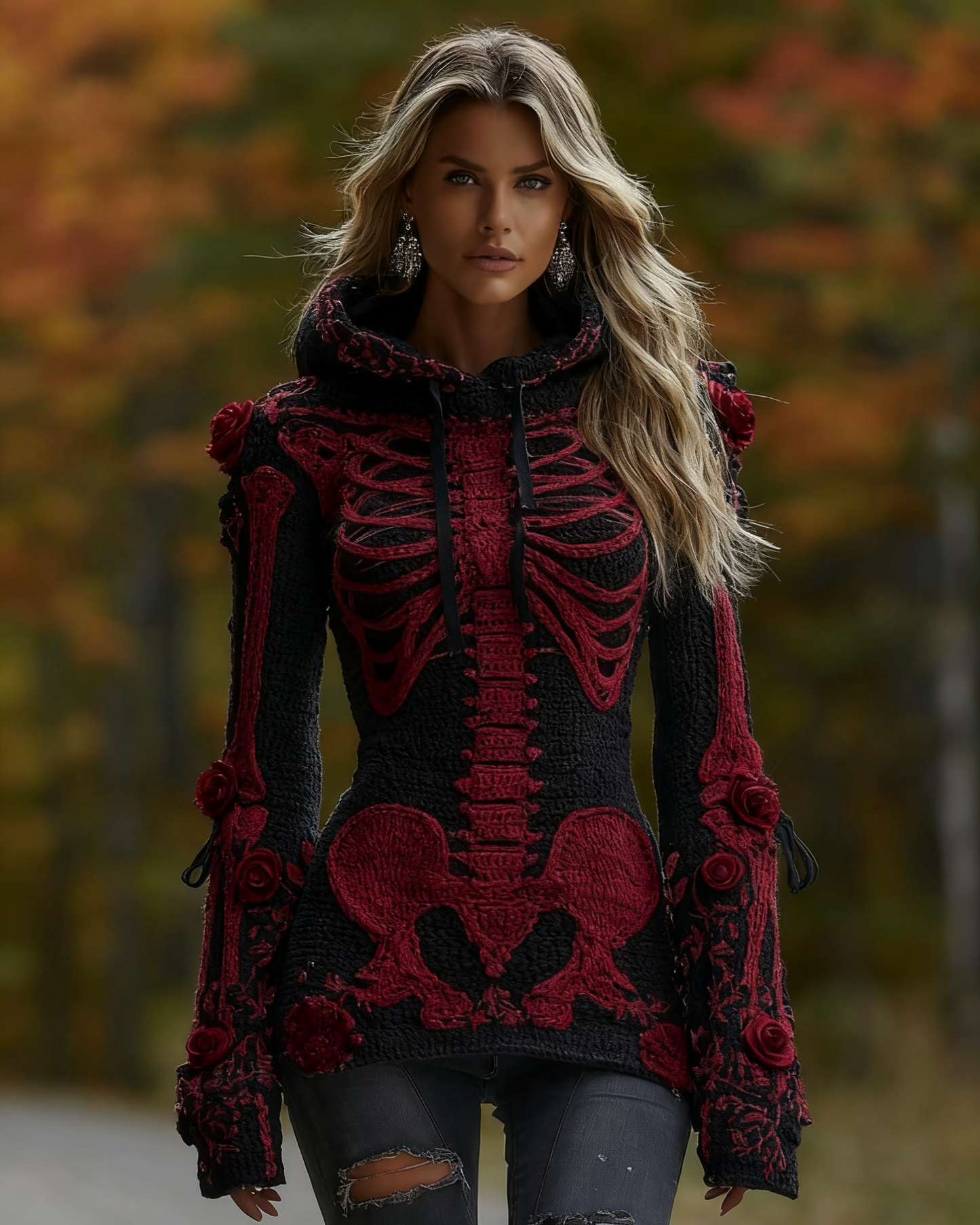 Women's Halloween Skeleton Bones With Roses Art Knitted Warm Hooded Sweater