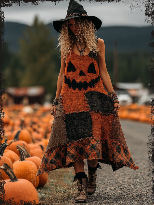 Vintage Halloween Pumpkin Face Patchwork Art Linen Sleeve Dress