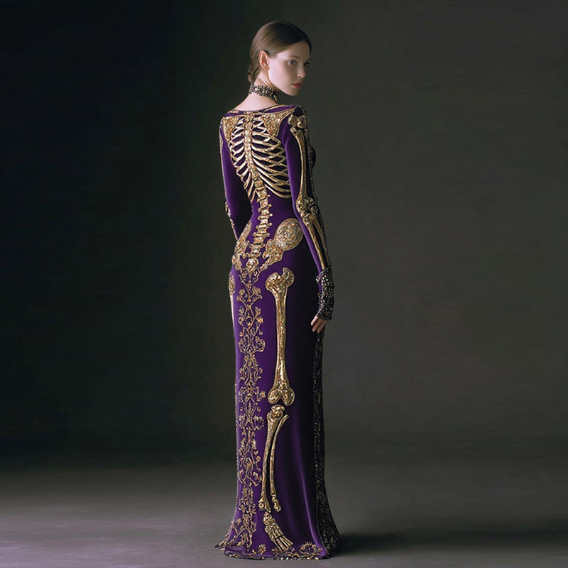 Women's Halloween Dark Brother Skull Velvet Round Neck Maxi Dress