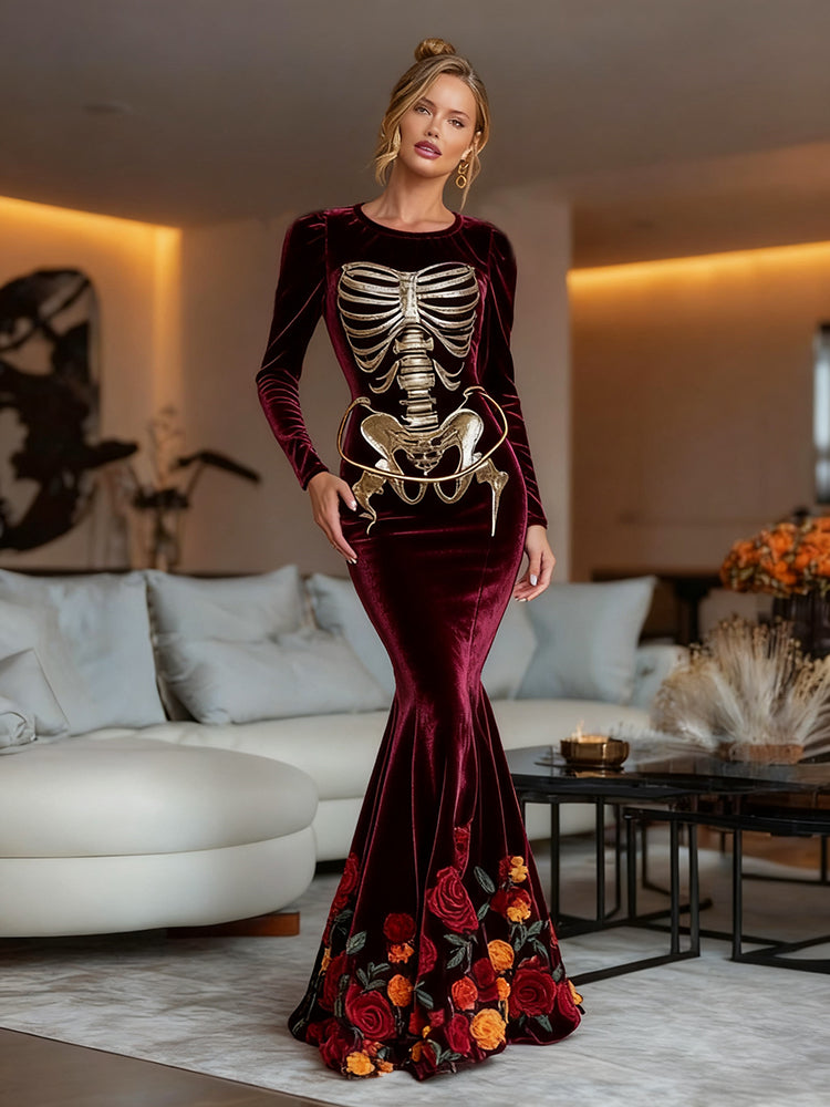 Women's Vintage Mariachi Day Of The Dead Skeleton Bones Art Velvet Maxi Dress