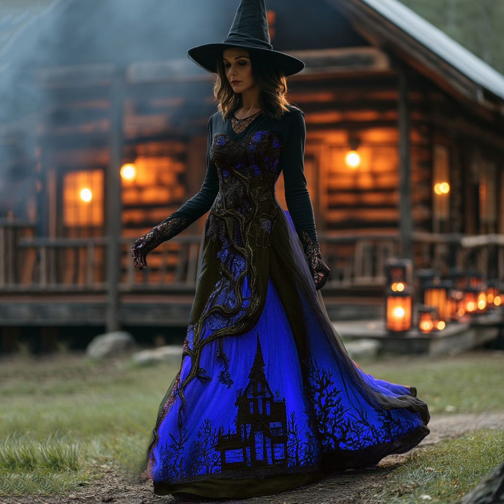 Women's Halloween Gradient Treehouse Design Witch V-neck Maxi Dress