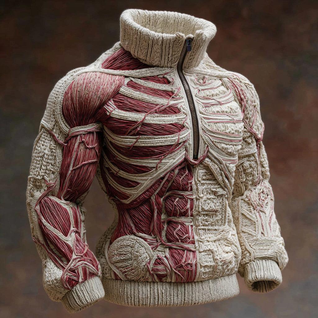 Men's Vintage Muscles Art Jacquard Cozy Knitted Half-zip Turtleneck Sweater