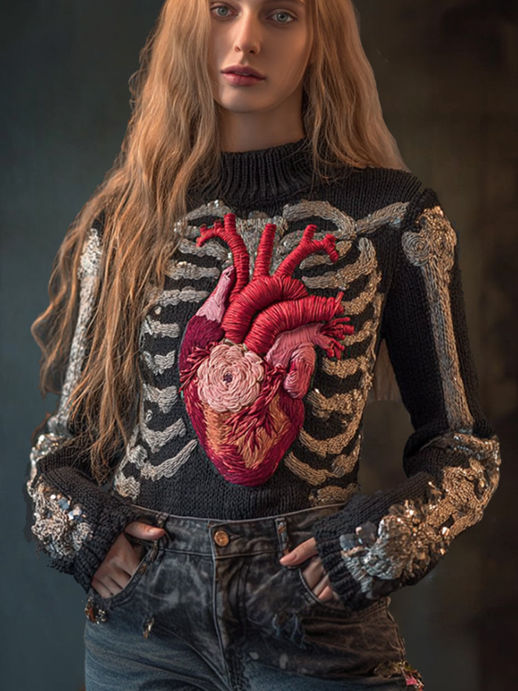 Female Anatomy Art Heart Antique Black Round Neck Sweater