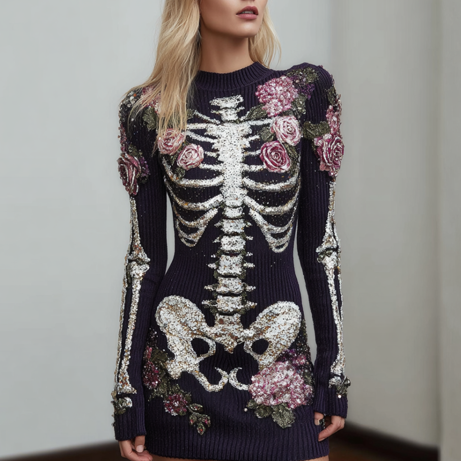 Woman's Round-necked Knitted Sweater Dress With A Skeleton Design Combined With Plant And Flower Patterns For Halloween.