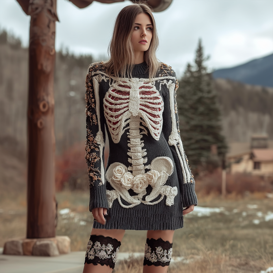 Halloween Human Anatomy Pattern And Flower Pattern Combined Design Women's Round Neck Knit Sweater Dress