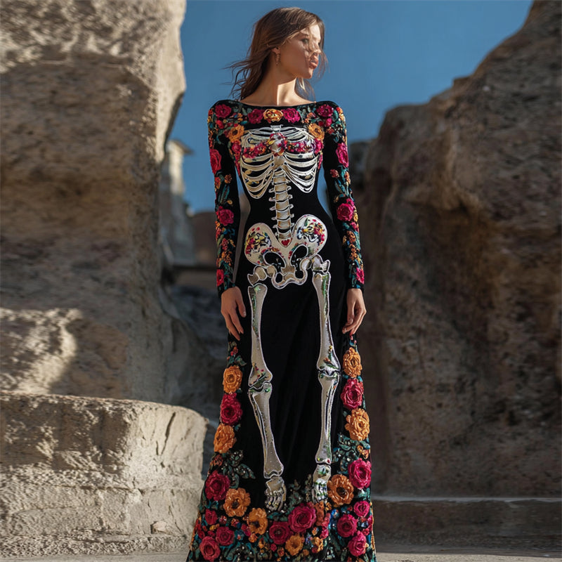 Day Of The Dead Sugar Skeleton Floral Embroidered Velvet Maxi Dress